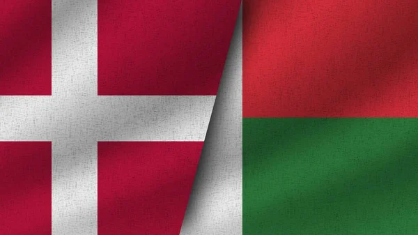 马达加斯加和丹麦现实的两面旗帜在一起 3D说明 — 图库照片