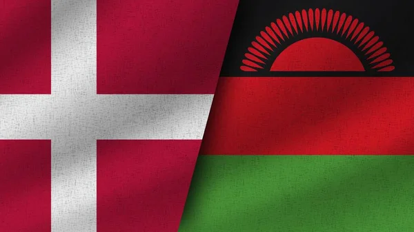 Malawi Dinamarca Dos Banderas Realistas Juntas Ilustración —  Fotos de Stock
