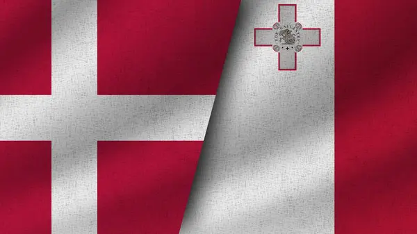 Malta Dinamarca Realistas Duas Bandeiras Juntas Ilustração — Fotografia de Stock