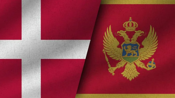 Montenegro Dinamarca Realistas Dos Banderas Juntas Ilustración —  Fotos de Stock