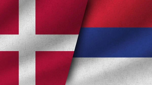 セルビアとデンマーク Realistic Two Flags Together 3Dイラスト — ストック写真