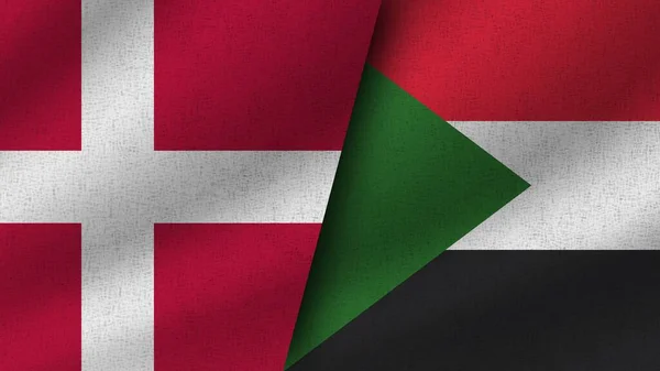Sudan Denmark Realistic Two Flags Together Illustration — 스톡 사진