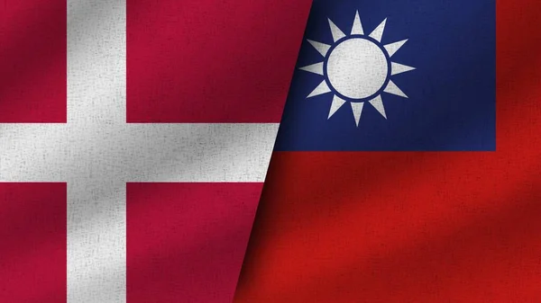 Taiwan Denemarken Realistische Twee Vlaggen Samen Illustratie — Stockfoto