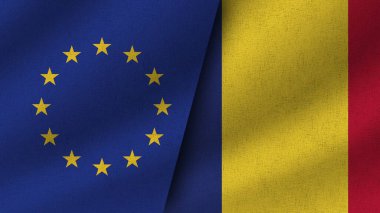 Romanya ve Avrupa Birliği Gerçekçi İki Bayrak Birarada, 3D Görüntü