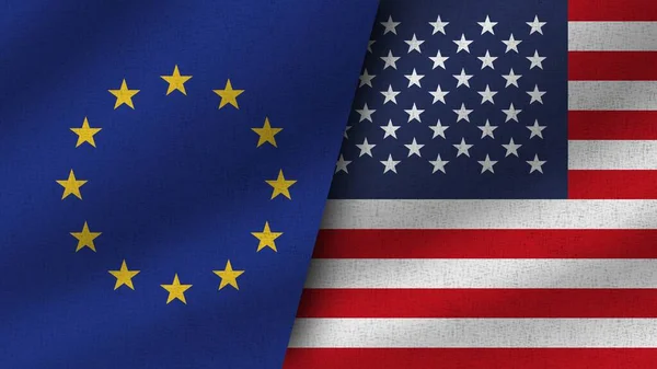 Stany Zjednoczone Unia Europejska Realistyczne Dwie Flagi Razem Ilustracja — Zdjęcie stockowe