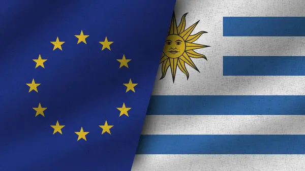 Ουρουγουάη Και Ευρωπαϊκή Ένωση Ρεαλιστικές Δύο Σημαίες Μαζί Εικονογράφηση — Φωτογραφία Αρχείου