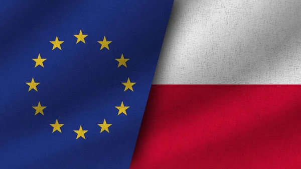 Polonia Unione Europea Realistico Due Bandiere Insieme Illustrazione Immagini Stock Royalty Free