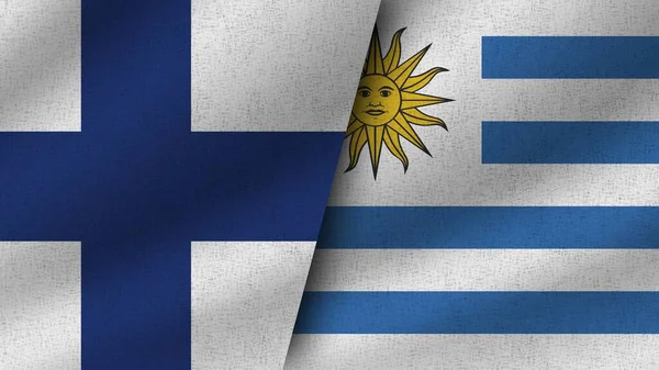 Ουρουγουάη Και Φινλανδία Ρεαλιστικές Δύο Σημαίες Μαζί Εικονογράφηση — Φωτογραφία Αρχείου