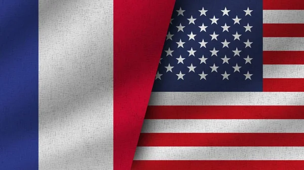 アメリカとフランス Realistic Two Flags Together 3Dイラスト — ストック写真