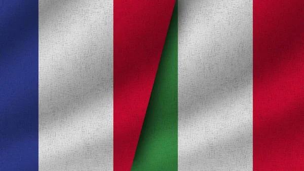 Włochy Francja Realistyczne Dwie Flagi Razem Ilustracja — Zdjęcie stockowe