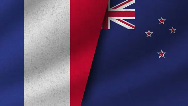 Nieuw Zeeland Frankrijk Realistische Twee Vlaggen Samen Illustratie — Stockfoto