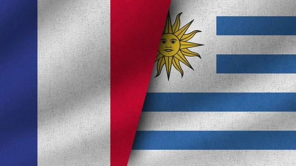 Uruguay Frankrijk Realistische Twee Vlaggen Samen Illustratie — Stockfoto