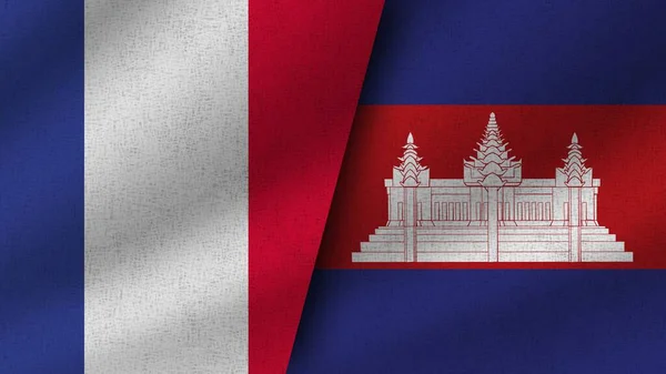 Cambodia France Realistic Two Flags Together Illustration — 图库照片