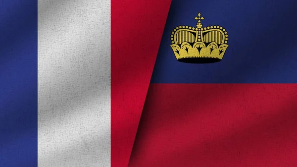 Ліхтенштейн Франція Реалістичні Два Прапори Разом Ілюстрація — стокове фото