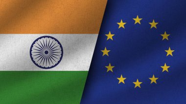 Avrupa Birliği ve Hindistan Gerçekçi İki Bayrak Birlikte, 3D Görüntü