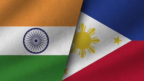 フィリピンとインド Realistic Two Flags Together 3Dイラスト — ストック写真