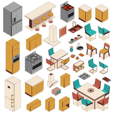 Bir buzdolabı, soba, lavabo ve sandalyeli yemek masası da dahil olmak üzere çeşitli mutfak aletleri ve mobilyalar sergilenmektedir. Düzenleme modern tasarım ögeleri ve renkleri vurgular.