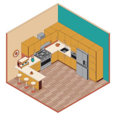 Modern mutfak tasarımı modern bir ortamda ahşap dolaplar ve paslanmaz çelik aletler içerir.