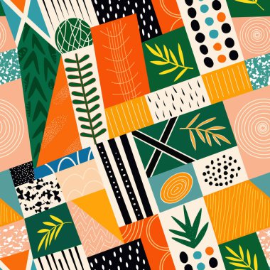 Bu tasarım renkli geometrik desenler dizisi sergiliyor, şekilleri, dokuları ve botanik çizimleri canlı ve sanatsal bir şekilde birleştiriyor..