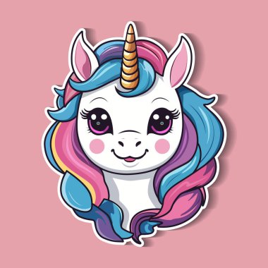 Tuhaf bir tek boynuzlu at karakteri canlı, rengarenk yeleler ve büyük parlak gözler sergiliyor. Arkaplan, tasarımın neşeli doğasını geliştiren yumuşak pembe bir renge sahiptir..