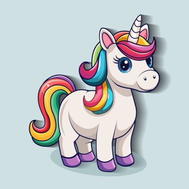 Canlı gökkuşağı yelesi ve kuyruğu olan neşeli bir tek boynuzlu at mutlu duruyor. Büyük gözleri ve dostça ifadesi çocukların çizimleri için mükemmel bir ortam yaratıyor..
