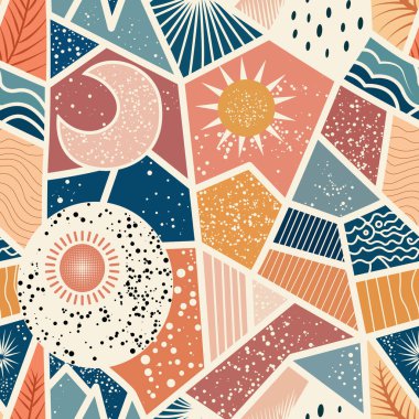 Canlı bir geometrik desenin sanatsal bir gösterimi, çeşitli şekil ve renklerle birlikte güneş ve ay motiflerini gösteriyor. Tasarım yaratıcılık ve oyunculuk yayar..
