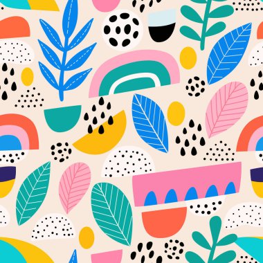 Değişik geometrik şekiller, renkli yapraklar ve oyuncu noktalarla dolu canlı bir tasarım. Kompozisyonda mavi, pembe ve yeşil gibi parlak renklerin karışımı, enerjik bir atmosfer yaratıyor..