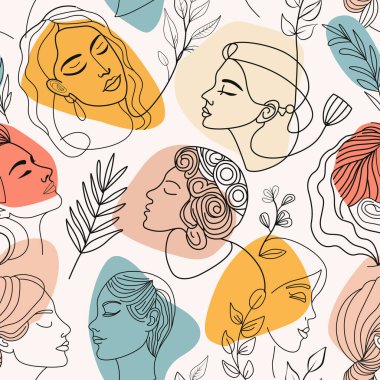 Bu sanat eserinde çeşitli kadın yüzlerinden oluşan bir kolaj var. Renkli şekiller ve çiçek unsurlarıyla çerçevelenmiş, çeşitli saç şekilleri ve ifadeler sergileniyor..