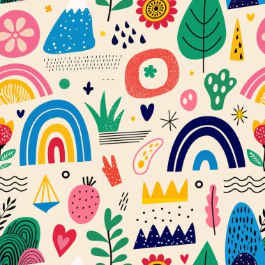 Renkli şekil ve desenlerin canlı bir düzeninde hafif bir arkaplan karşısında gökkuşakları, çiçekler ve yapraklar sergilenerek neşeli ve neşeli bir atmosfer oluşturulur..
