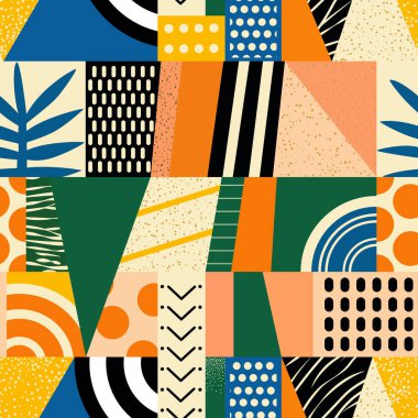 Kalın renklerde çeşitli geometrik şekillerin bir koleksiyonu canlı bir estetik tasarım sergiliyor. Sanat eserleri kalıpları ve dokuları birleştirip dinamik bir görsel deneyim yaratıyor..