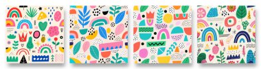 Çeşitli canlı desenler neşeli renkler ve gökkuşakları, bitkiler ve soyut şekiller de dahil olmak üzere eğlenceli motifler içerir. Tasarımlar bir eğlence ve yaratıcılık hissi uyandırıyor..