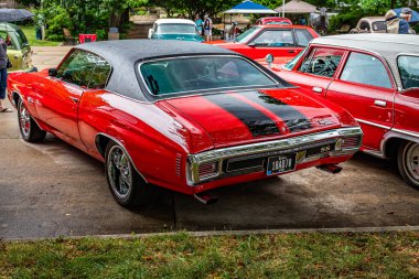 Des Moines, IA - July 01, 2022: High perspective rear corner view of a 1970 Chevrolet Chevelle SS Hardtop Coupe at a local car show.