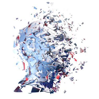 Patlayan Alçı İnsan Başı, Beyaz 3 boyutlu resimde izole edildi. Akıl Sağlığı Bilinci. Anksiyete, Depresyon, Stres, Düzensizlik, Karışıklık. 