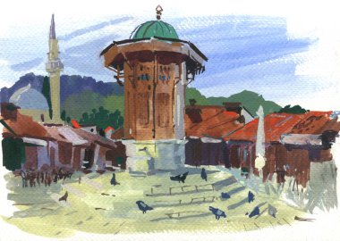 Saraybosna, Bosna-Hersek Bascarsija Meydanı 'ndaki tahta çeşme Sebilj' in çizimi