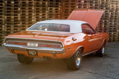 kırmızı Ford Mustang sergileniyor