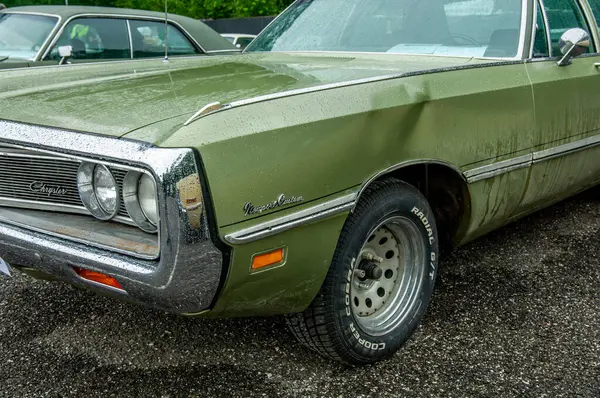 Yeşil yapraklı klasik bir araba.