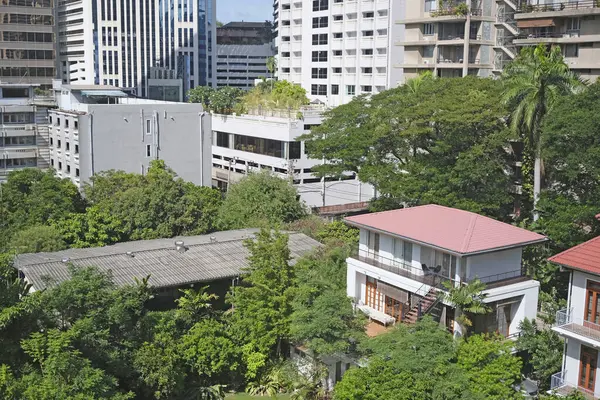 Tayland Bangkok 'taki şehir manzarası. Gündüz evleri ve bahçeleri var.