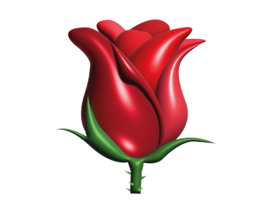 Yeşil saplı ve yapraklı şeffaf arkaplanda üç boyutlu koyu kırmızı gül çiçeği simgesi