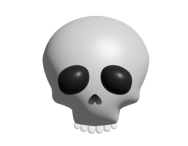 Arkaplanda siyah göz çukurları simgesi olan 3 boyutlu ayrık beyaz insan kafatası.