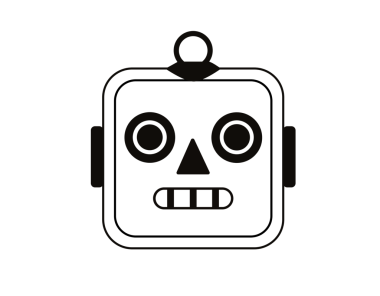 Klasik klasik teneke oyuncakların başı, ekşi suratlı, yuvarlak gözlü, üçgen burunlu, kulak düğmeleri olan siyah robot ikonu.