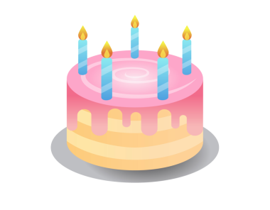 Doğum günü ve parti kutlaması için sunulan mum ikonlu pembe ve sarı renkli bir pasta.