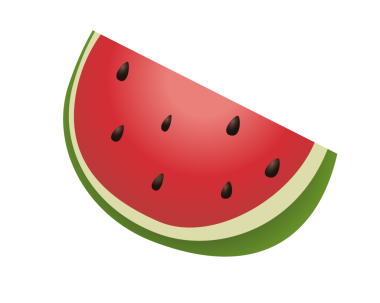İzole edilmiş kırmızı karpuz ikonu, kırmızı pembe et, siyah tohum ve yeşil kabuğu gösteriyor.