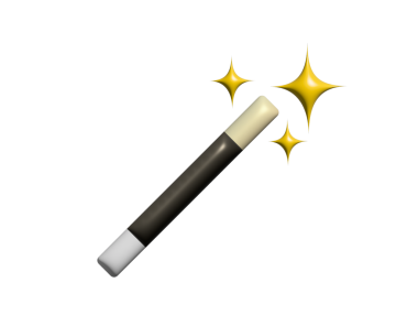 3 boyutlu siyah sihirli değnek ve beyaz uçlu simge. Şeffaf arkaplanda altın parıldayan yıldızlar var.