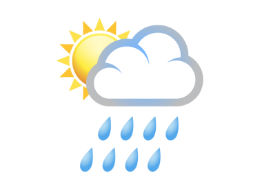 İzole edilmiş sarı güneş simgesi. Mavi yağmur damlalarıyla kaplı beyaz bulut.