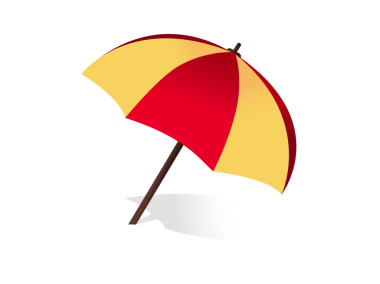 İzole edilmiş turuncu, kırmızı çizgili kumsal şemsiyesi yer ikonunda güneş gölgesi ile açıldı.