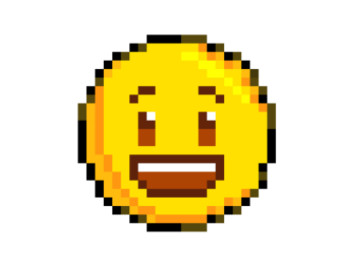 İzole edilmiş 8 piksellik resim sarı gülümseyen gözler ve üst dişleri gösteren geniş bir mutlu yüz ikonu.