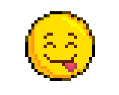 8 bit piksel resim, sarı gülümseyen gözler ve bir köşeden sarkan dil, geniş bir gülen yüz ikonu.