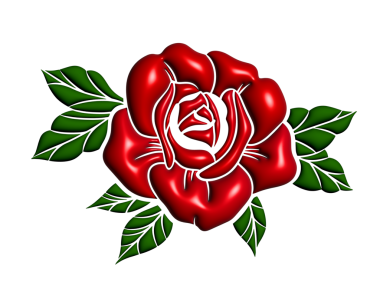 İzole edilmiş 3 boyutlu eğimli yeşil yapraklı kırmızı zarif gül çiçeği.