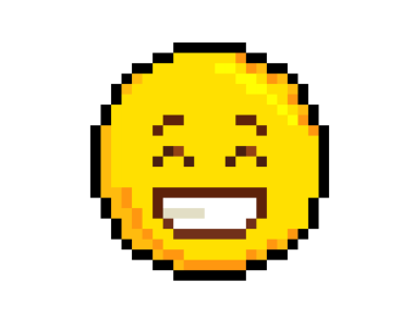 İzole edilmiş 8 piksellik resim sarı gülümseyen gözler ve geniş bir mutlu yüz ikonu, dişleri gösteriyor.