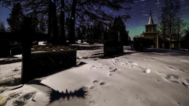 Antiguo Cementerio Modo Cometa Time Lapse Auroras Boreales Invierno — Vídeos de Stock